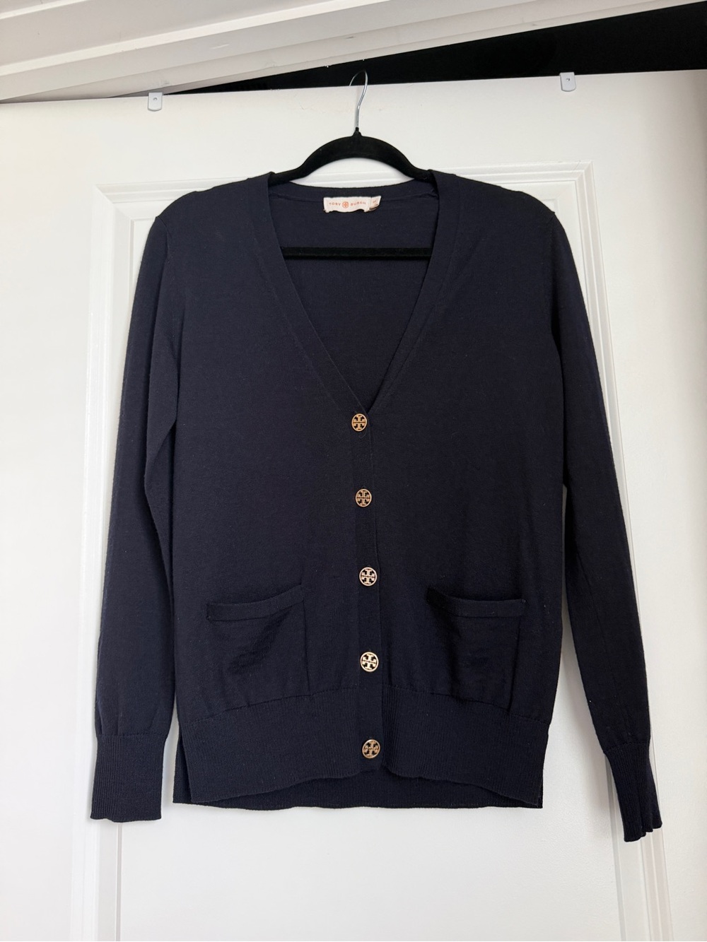 Tory Burch Navy 100% Merino Wool Cardigan S Gold Logo Buttons